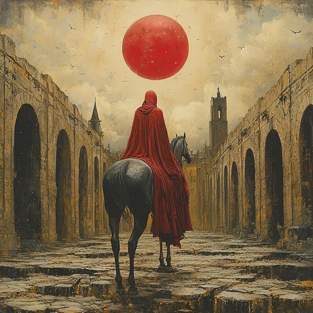 A lone figure cloaked in crimson rides a dark horse down a crumbling, arched pathway.  The sky is muted, yet a large, ominous red orb dominates the upper portion of the painting.  The architecture suggests a decayed medieval city,  with a lone tower visible in the distance.  The overall mood is somber and evocative, hinting at a journey through desolation under a foreboding sky.  The artwork blends elements of fantasy and realism.