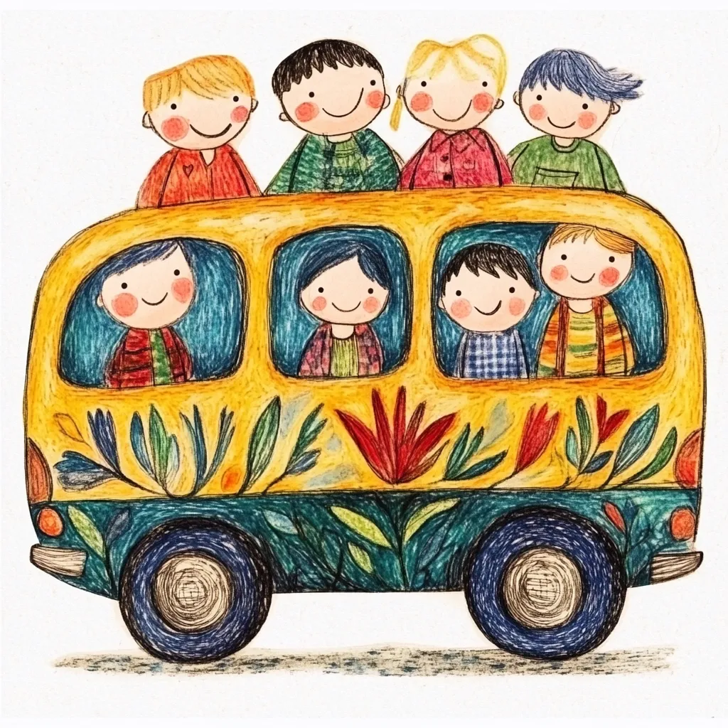 A whimsical, crayon-like drawing depicts a brightly colored bus adorned with floral designs.  Three children sit on the roof, while four more are happily seated inside.  The bus is predominantly yellow with teal accents and vibrant flower patterns, creating a cheerful and playful scene. The children are diverse in hair color and clothing, exhibiting a sense of joy and camaraderie. The overall style suggests a child's drawing, full of vibrant colors and simple, expressive lines.