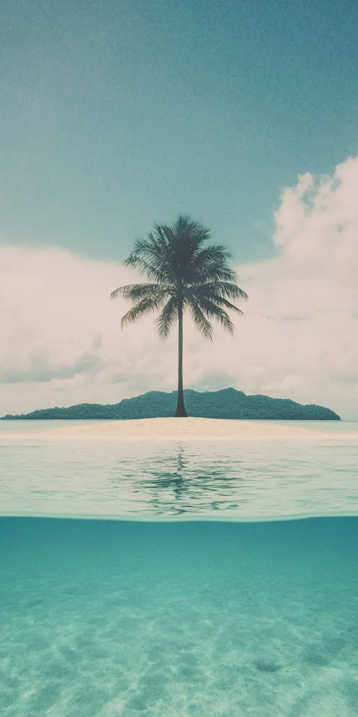 A single palm tree stands majestically on a small, sandy island.  The island is nestled in calm, turquoise water, creating a tranquil scene under a pale blue sky dotted with fluffy white clouds. The image is split, showing both the above-water serenity and the clear, shallow ocean floor below. The overall aesthetic is peaceful and idyllic, evoking a sense of tropical escape.