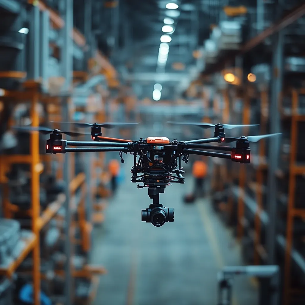 A black drone with an orange center and a high-definition camera is suspended in mid-air within a large, blurry warehouse.  The drone's propellers are slightly blurred, suggesting movement.  Rows of tall, orange metal shelving units filled with indistinct objects fill the background, creating a deep depth of field. The overall image emphasizes the drone's technology in an industrial setting, likely highlighting its use in inventory management or inspection.