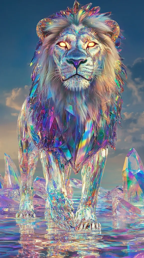 A majestic lion, rendered in iridescent, crystalline form, strides through a surreal landscape.  Its mane and body shimmer with a rainbow of colors, suggesting a gemstone or crystal structure.  The lion's eyes glow with an inner light, adding to its mystical aura.  It walks across a reflective surface, surrounded by large, similarly iridescent crystals, creating a dreamlike and ethereal scene. The overall effect is one of magical power and captivating beauty.