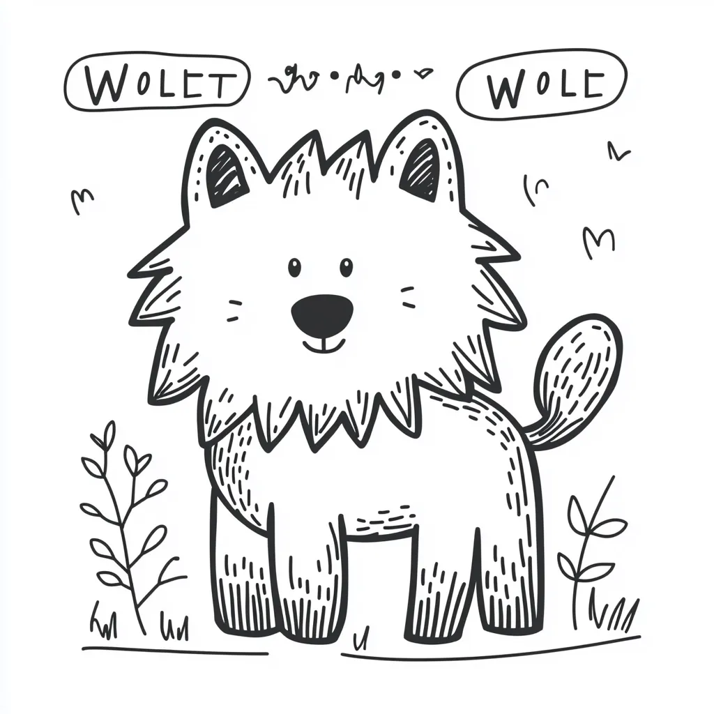 Here's a description of the image:

The image is a hand-drawn illustration of a stylized wolf or similar canine.  The animal is depicted in a cute, cartoonish manner with a large head, short legs, and a fluffy mane.  The drawing is in black ink on a white background, with a simple, textured style. Small, whimsical plants are included at the base. Above the animal, the words "WOLET" and "WOLE" are written in a playful, handwritten font, possibly indicating an intended spelling variation or a child's attempt at the word "wolf." The overall style suggests a children's book illustration or coloring page.