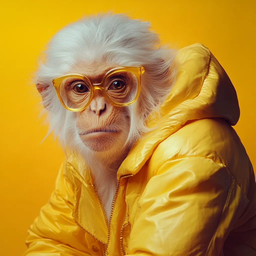 A close-up shot features a monkey with white fur, wearing bright yellow, puffy jacket and large, amber-tinted glasses.  The monkey’s expression is serious and slightly grumpy. The vibrant yellow of the jacket and background contrasts sharply with the monkey's white fur. The overall aesthetic is bold, playful, and slightly surreal.