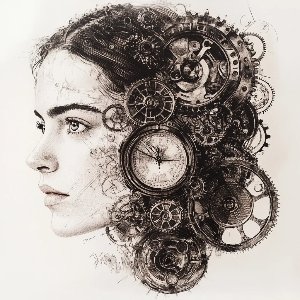 A striking monochrome drawing depicts a woman's profile, her head adorned with intricately detailed clockwork gears and cogs.  The gears, rendered with masterful shading, create a sense of depth and movement.  A prominent clock face is central to the composition, emphasizing the theme of time. The woman's expression is pensive, creating a juxtaposition between the mechanical elements and the delicate human form. The overall style is reminiscent of steampunk aesthetics, suggesting a blend of artistry and intricate engineering.