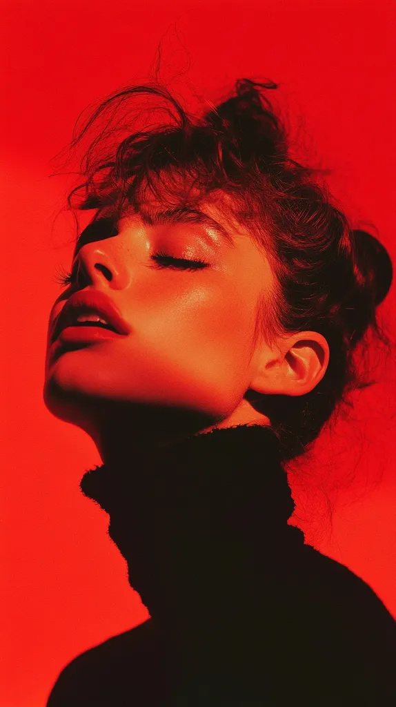 Here is a description of the image:

Close-up portrait of a young woman with dark, slightly disheveled hair, styled in a loose updo. Her eyes are closed, and her face is bathed in intense red light, creating a dramatic, almost cinematic effect.  The red light highlights her features, particularly her skin, which appears smooth and glowing. She wears a black turtleneck sweater, which contrasts sharply with the background. The overall mood is sultry and mysterious.