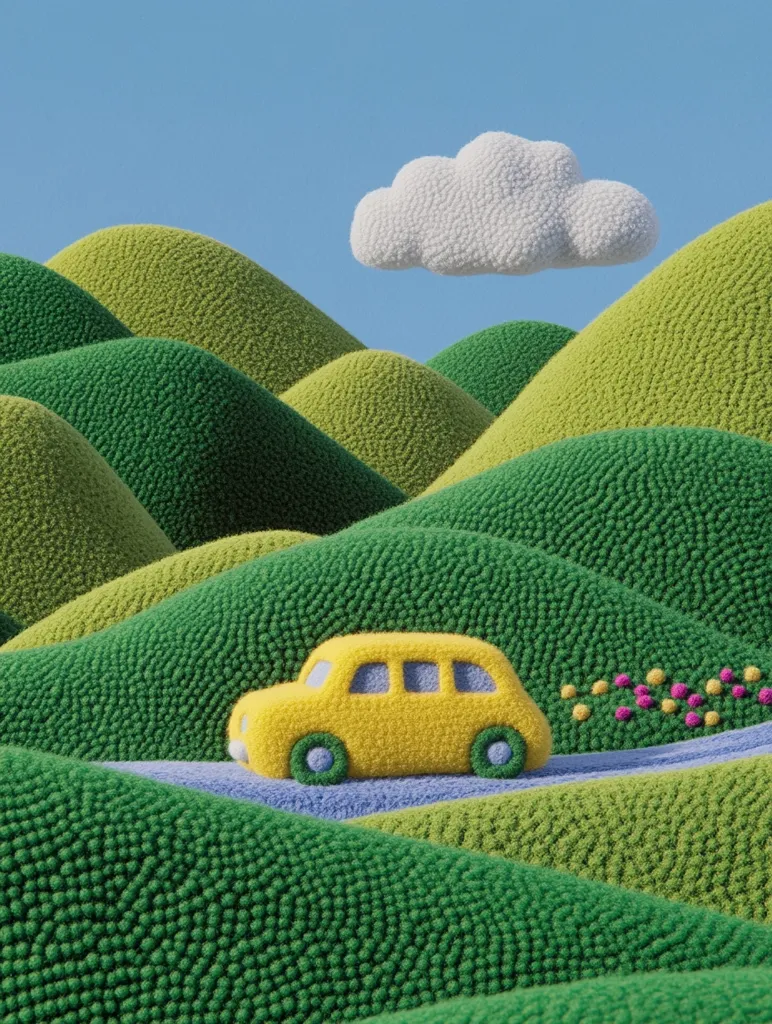 A whimsical 3D rendering depicts a fluffy, yellow car traversing a landscape of textured, green hills under a puffy white cloud. The hills are rendered in a textured style, resembling short, dense pile fabric.  The scene is idyllic and childlike, with a bright color palette and soft textures. A few small pink and yellow flowers line the road. The overall feeling is one of gentle movement and playful serenity.