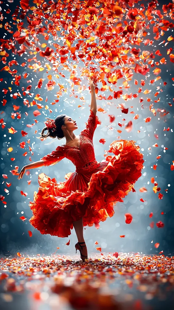 A ballerina, poised mid-leap, is captured in a breathtaking image.  She wears a vibrant red flamenco-style dress, its voluminous skirt swirling around her as she gracefully extends her arm upward.  She's surrounded by a flurry of falling red petals, creating a captivating visual effect that suggests both energy and delicate beauty. The backdrop is a soft, muted blue, contrasting with the fiery hues of the dress and petals, enhancing the overall dramatic and romantic atmosphere.
