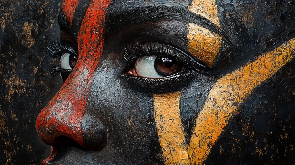 A close-up reveals a stylized portrait, possibly a painting, of a person's face, heavily adorned with thick, textured paint.  The dominant colors are black, with bold streaks of red and gold creating a tribal or warrior-like aesthetic. The eye, rendered with striking detail, is the focal point, conveying intensity and depth. The impasto technique adds a rough, almost sculptural quality to the surface.  The overall effect is one of power and mysterious beauty.