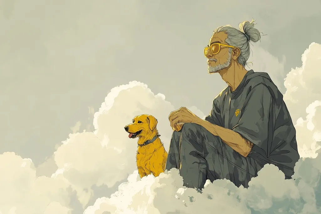 An illustration depicts a serene older man with gray hair tied in a topknot, wearing yellow sunglasses and a gray sweatshirt, sitting on a cloud.  Beside him sits a golden retriever, also seemingly perched on the cloud.  The man gazes upward, conveying a sense of peace and contemplation against a softly colored sky filled with fluffy white clouds. The overall style is soft and whimsical.
