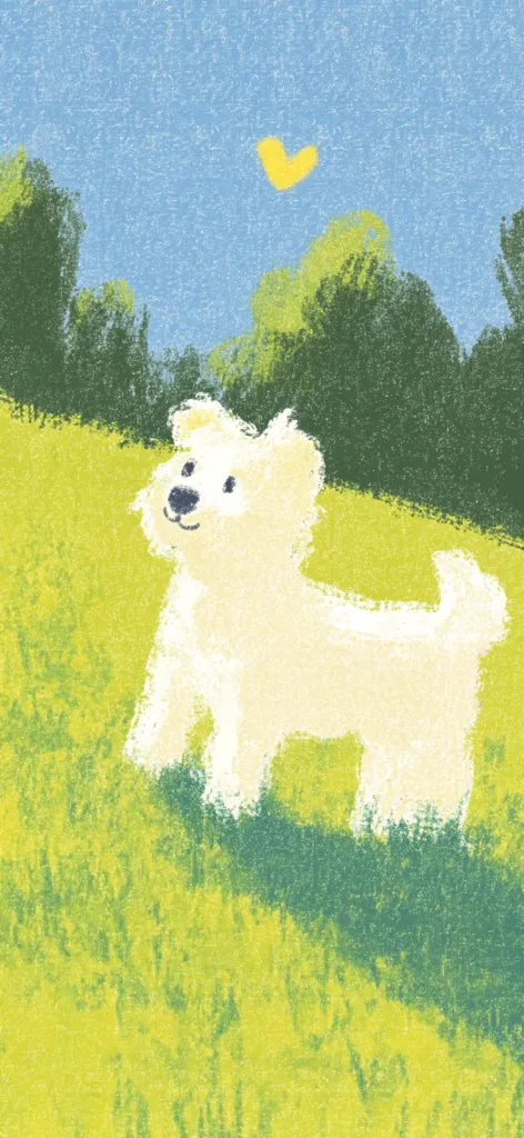 A charming illustration depicts a fluffy white dog standing in a vibrant green field under a clear blue sky.  The dog is stylized with a childlike simplicity, its features softly rendered.  A small yellow heart floats in the sky above, adding a touch of whimsy to the pastoral scene. The overall texture is reminiscent of crayon or pastel, creating a soft, textured effect. The background features dark green trees, completing the idyllic outdoor setting.