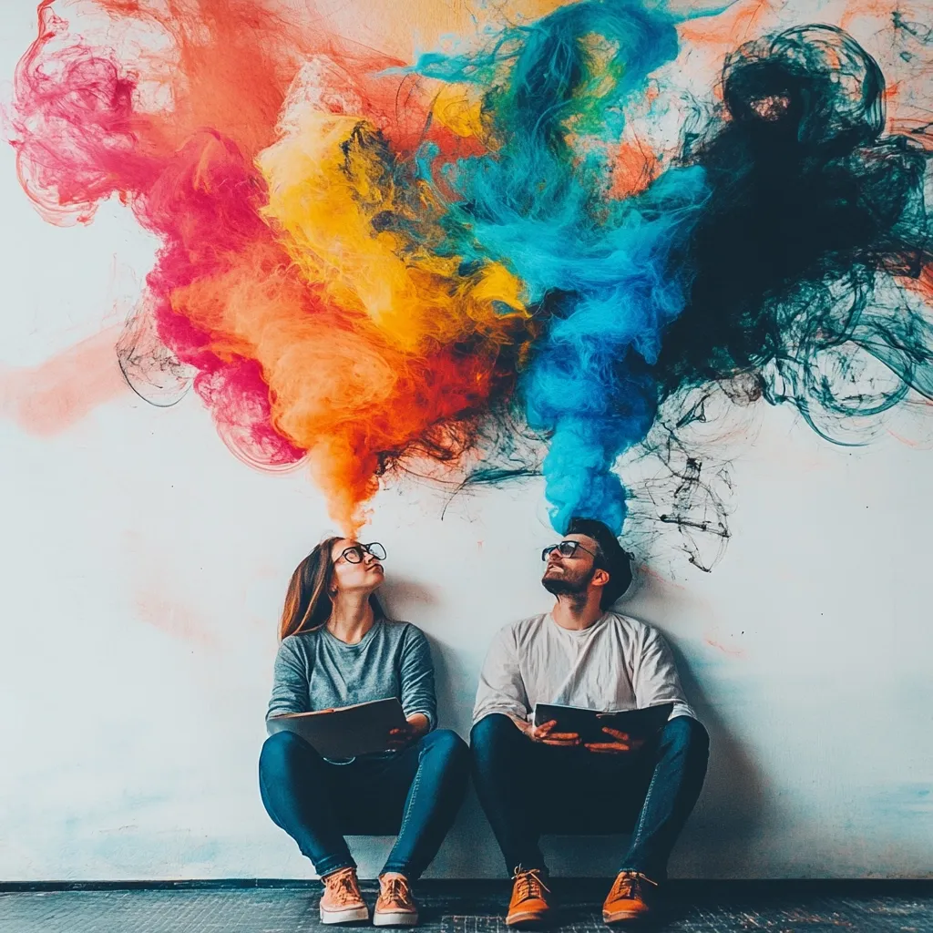 A young couple sits against a white wall, gazing upwards.  Vibrant multicolored smoke billows from their heads, a surreal representation of their shared thoughts or creative energy. They hold notebooks, suggesting contemplation or artistic collaboration. The image is striking, utilizing a bold contrast between the muted background and the explosive, colorful smoke. The overall mood is one of imagination, creativity, and connection.