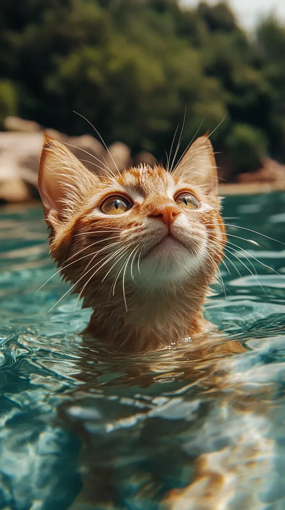 Here's a description of the image:

A ginger kitten, partially submerged in clear, teal water, gazes upward. Its fur is wet, clinging to its small body.  The kitten's expression is curious and serene.  The background is softly blurred, showing lush green vegetation and a hint of a shoreline, suggesting a tranquil outdoor setting. The overall mood is peaceful and slightly whimsical.
