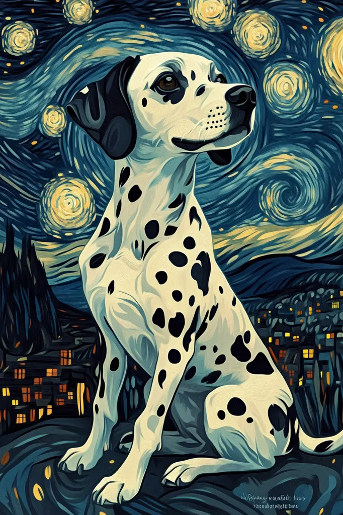 Here's a description of the image:

The artwork depicts a Dalmatian dog, rendered in a style reminiscent of Van Gogh's "The Starry Night." The dog is seated, facing right, its black spots sharply defined against its white fur. The background is a swirling night sky, filled with luminous stars and dark blue brushstrokes, mirroring Van Gogh's characteristic impasto technique.  Below the dog, a stylized village with glowing windows is visible, adding depth to the scene. The overall effect is a captivating blend of realism in the dog's portrayal and expressionistic abstraction in the background.