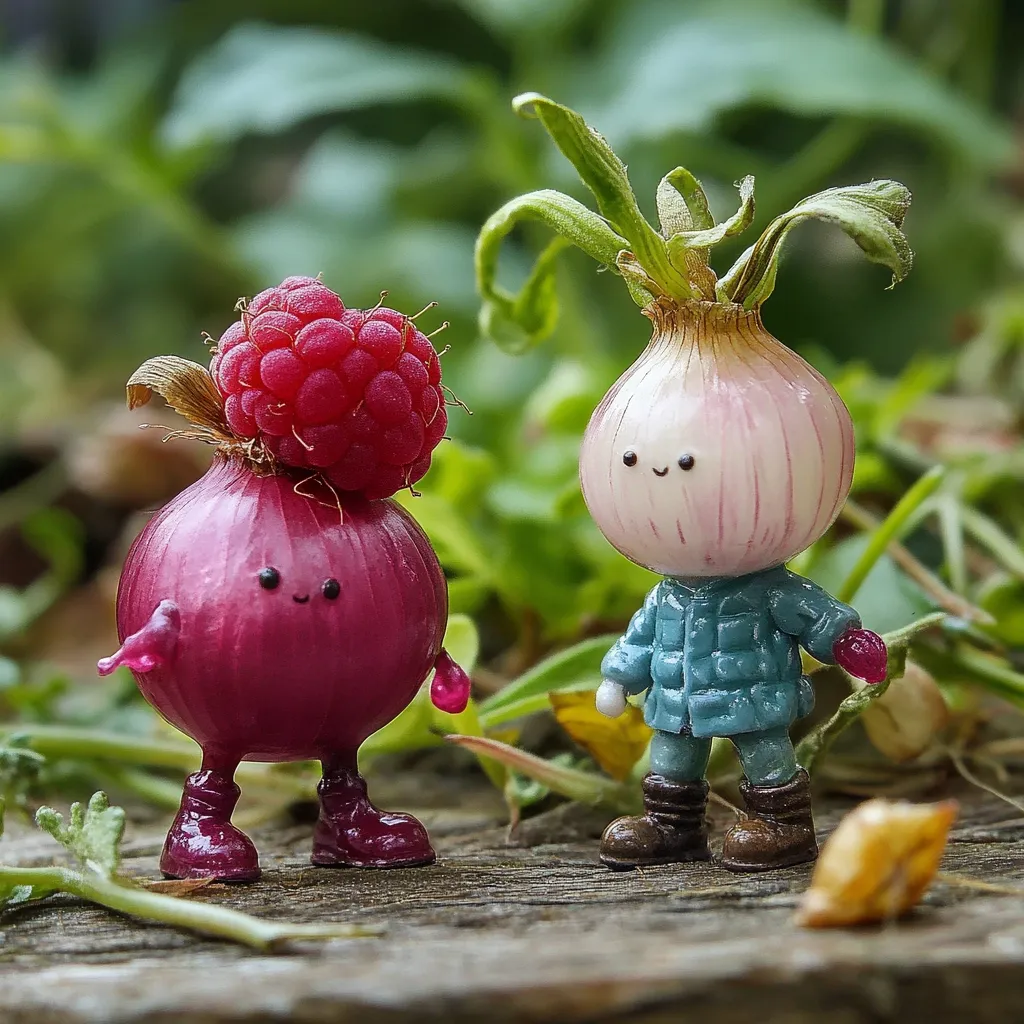 Here's a description of the image:

Two adorable miniature figures, crafted to resemble onions, stand on a weathered wooden surface amidst lush green foliage.  One onion sports a vibrant raspberry cap, while the other wears a tiny teal jacket and brown boots. Both have hand-painted faces with simple, cheerful expressions. The overall aesthetic is whimsical and charming, suggesting a handcrafted or artistic creation, possibly for a children's story or garden decoration. The background is blurred, keeping the focus squarely on the delightful onion characters.