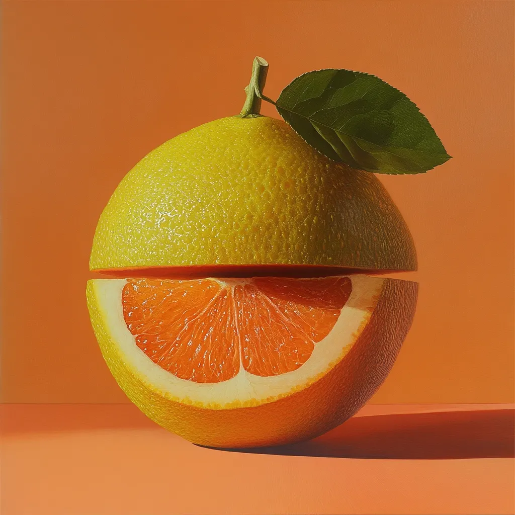 Here's a description of the image:

The image is a close-up still life of a citrus fruit, seemingly a grapefruit, bisected horizontally. The top half displays its pale yellow, textured rind, while the bottom half reveals a vibrant, juicy orange segment. A single green leaf, attached to the stem, rests atop the fruit. The fruit sits on a peach-colored surface, which is subtly shadowed, enhancing the three-dimensionality of the piece.  The lighting is dramatic, highlighting the textures and juicy segments of the fruit against the warm background. The overall style suggests a realistic, hyper-realistic painting or digital art.