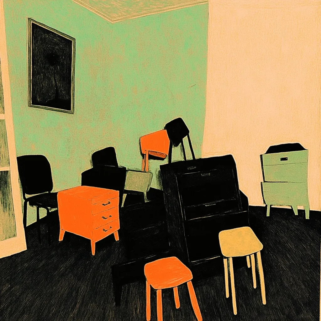 Here is a description of the image:

The illustration depicts a room's corner, dominated by a chaotic stack of various furniture pieces.  The color palette is muted, with teal walls contrasting against orange and black furniture.  Several chairs, stacked haphazardly, are interspersed with orange and pale yellow stools and dark, potentially filing cabinets, creating a cluttered and somewhat claustrophobic feel.  A small orange dresser sits prominently, while a pale green cabinet stands quietly in the corner. The style is reminiscent of stylized, slightly cubist illustration.  The overall mood is one of disorganization and quiet stillness.