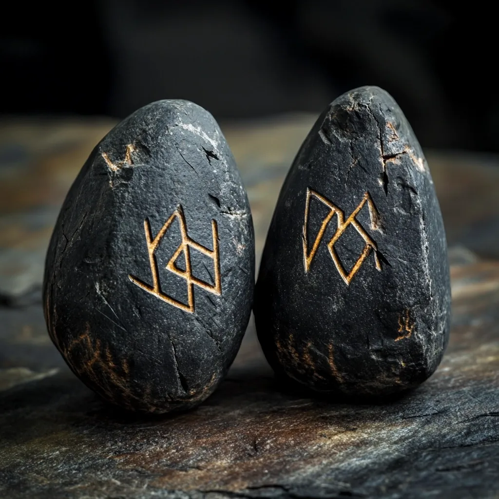 Two dark, egg-shaped stones rest on a slate surface.  Each stone is intricately carved with golden runes, ancient Norse symbols. The stones appear smooth yet textured, showcasing the natural imperfections of the rock.  The dark background and lighting create a dramatic and mystical atmosphere, emphasizing the ancient and possibly ritualistic nature of the objects.  The image evokes a sense of history and mystery.