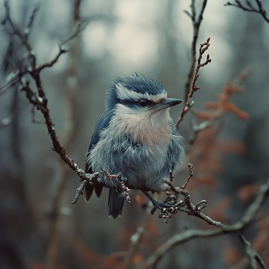 Here is a description of the image in under 100 words:

A small, fluffy bird, possibly a nuthatch, perches on a slender, leafless branch. Its plumage is a blend of soft blues and grays, with a noticeable white stripe above its eye.  The bird appears slightly ruffled, perhaps due to cold weather. The background is blurred, showcasing a muted palette of browns and grays, suggesting a wintery woodland setting. The overall mood is serene and tranquil, emphasizing the bird's delicate beauty within its natural habitat.