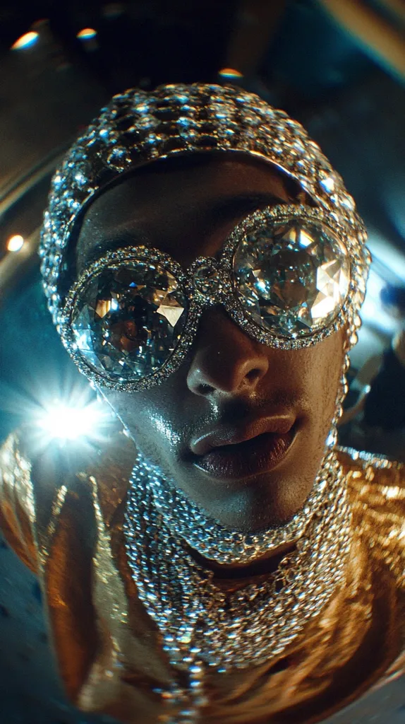 Close-up view of a person's face, adorned in extravagant, sparkling jewelry.  Large, round sunglasses encrusted with crystals are prominent, as is a diamond-studded head covering and multiple layered necklaces of similar material.  The background is blurred, suggesting a nighttime, possibly glamorous setting. The image's fisheye perspective distorts the scene, adding to its dramatic effect.  The person's expression is serene, contributing to an overall opulent and stylish aesthetic.