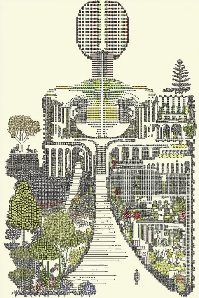 The image is a detailed, pixelated illustration resembling an architectural plan or a highly stylized garden design.  A central, tree-like structure dominates, with pathways descending to a sprawling landscape filled with miniature trees, plants, and buildings.  The style is reminiscent of a cross-stitch or tapestry, employing a grid-based structure and limited color palette of greens, yellows, browns, and blacks against a cream background.  Small human figures are present, emphasizing the scale of the design. The overall effect is intricate and fantastical.