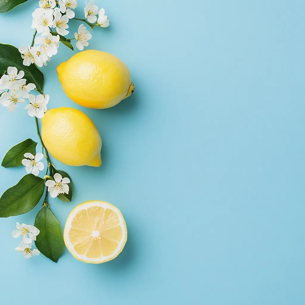 Here's a description of the image:

A vibrant, minimalist flat lay showcases two whole lemons and a lemon half arranged along the left edge against a light blue background.  A sprig of blossoming white flowers and green leaves elegantly intertwines with the lemons, creating a fresh and summery feel. The composition leaves ample negative space on the right, drawing the eye to the bright citrus fruits and delicate blooms. The overall impression is one of clean simplicity and natural beauty.