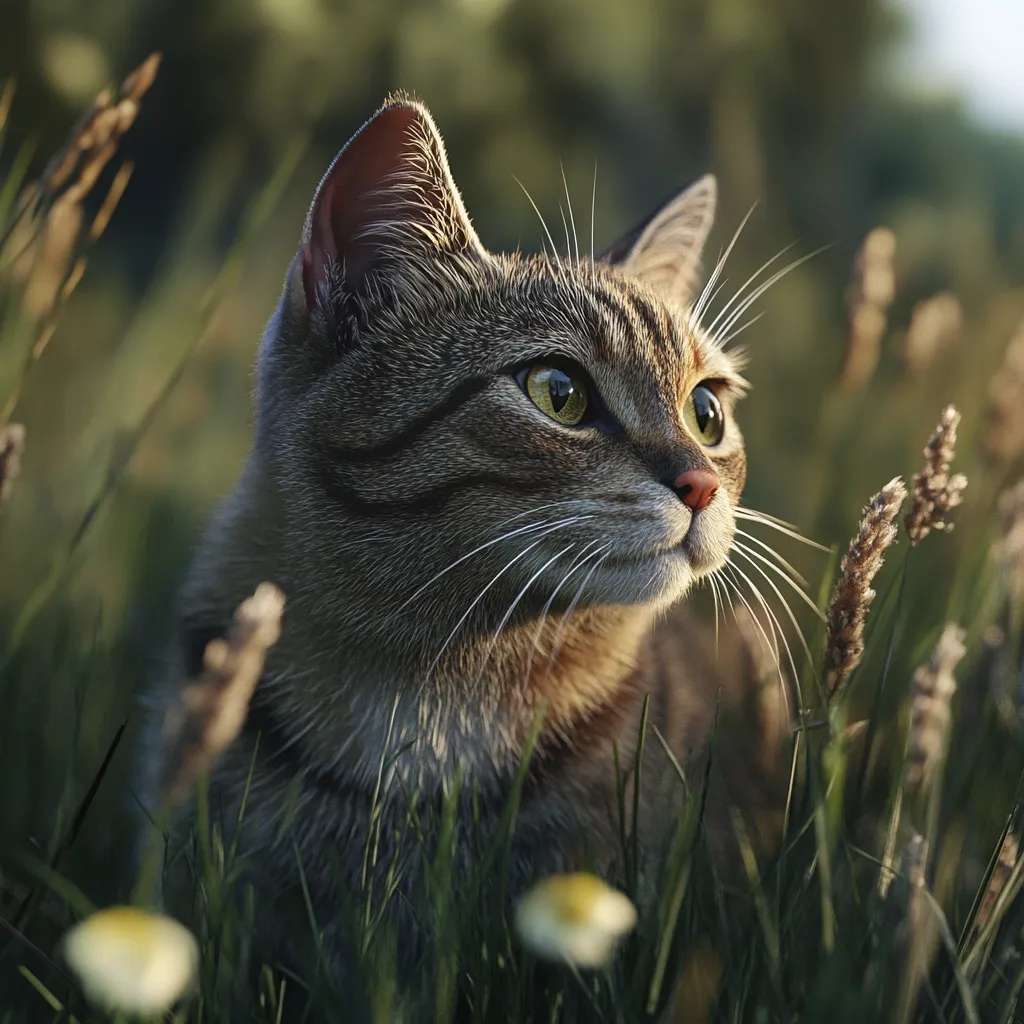 Here's a description of the image:

Close-up view of a tabby cat nestled in tall grass. The cat is predominantly gray and brown, with striking green eyes. Its gaze is directed slightly upward and to the side, giving it a curious expression. The sunlight catches the cat's fur, highlighting its texture. The background is softly blurred, showing more greenery and suggesting a natural outdoor setting.  Wildflowers are visible near the cat and in the foreground, adding to the idyllic scene. The overall mood is peaceful and serene.
