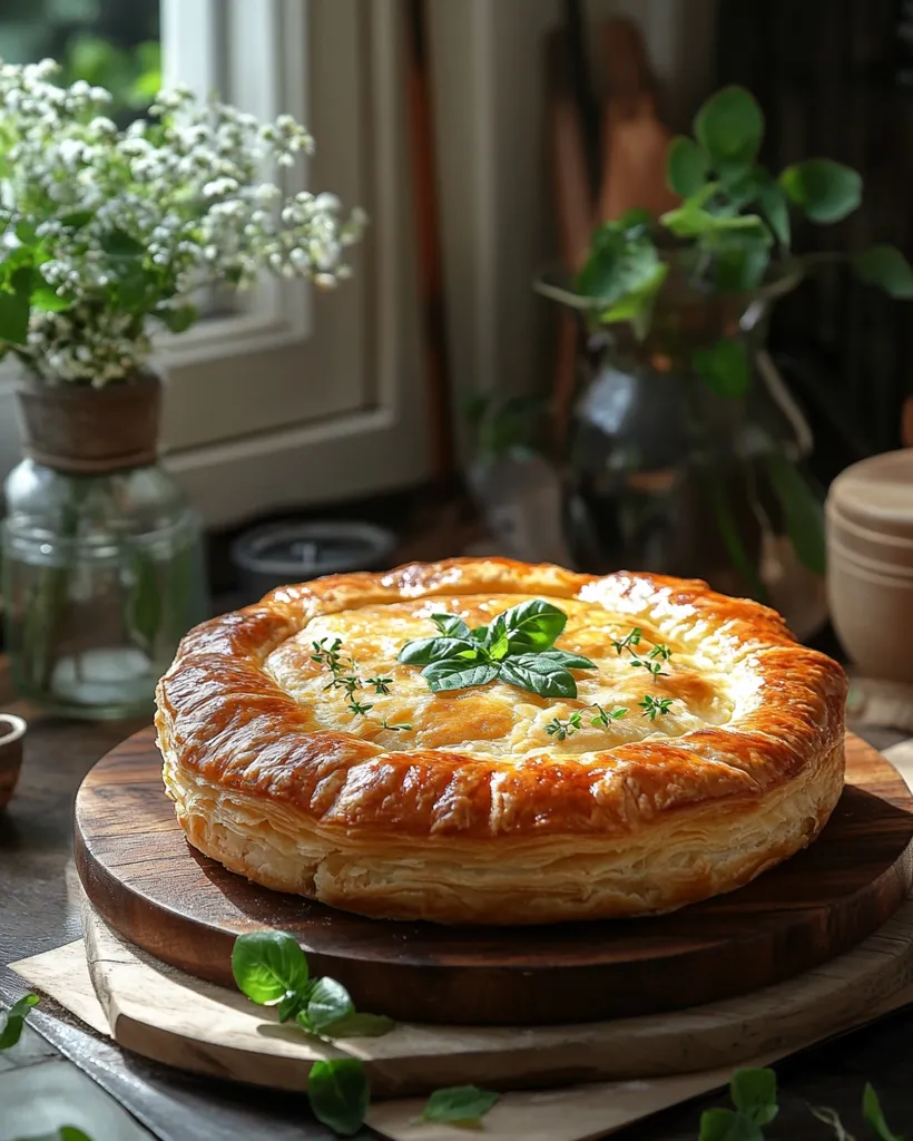 A golden-brown, round pastry, possibly a galette or tart, sits on a rustic wooden board.  Its flaky crust is adorned with fresh basil and thyme sprigs. The pastry is displayed on a dark wooden surface, near a vase of white flowers and greenery in soft, natural light. The scene is warm and inviting, suggesting a homemade, comforting treat.  The overall aesthetic is one of rustic charm and simple elegance.
