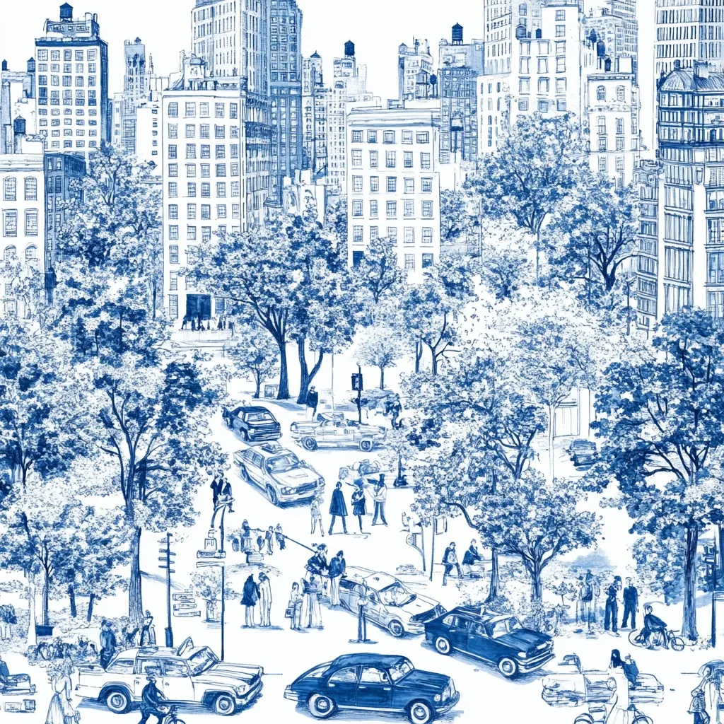 This image is a detailed blue-toned illustration of a city square, possibly in New York City. Tall buildings line the square, surrounded by lush trees. The scene is bustling with activity; people are strolling, cars are parked and driving, and some individuals seem to be interacting near a small accident or incident. The style suggests a nostalgic or romanticized view of city life, possibly from the mid-20th century, capturing a moment of everyday urban existence.  The monochromatic blue palette creates a calming, almost ethereal atmosphere.