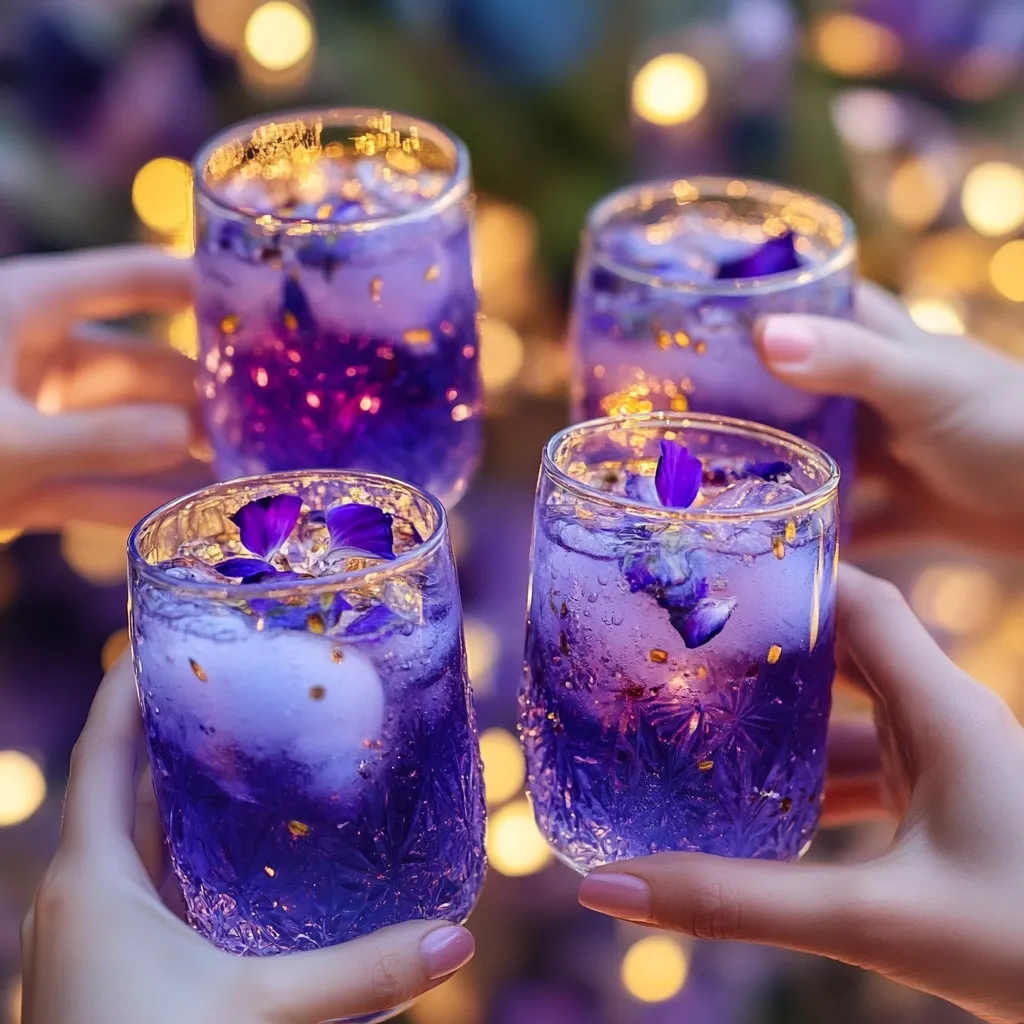 Four hands hold up glasses filled with a vibrant purple cocktail.  The drinks are garnished with delicate purple flowers and flecks of edible gold. Ice cubes are visible within the patterned glasses. The background is softly blurred, showcasing warm-toned bokeh lights, suggesting a festive, outdoor setting. The image evokes a feeling of celebration and togetherness.