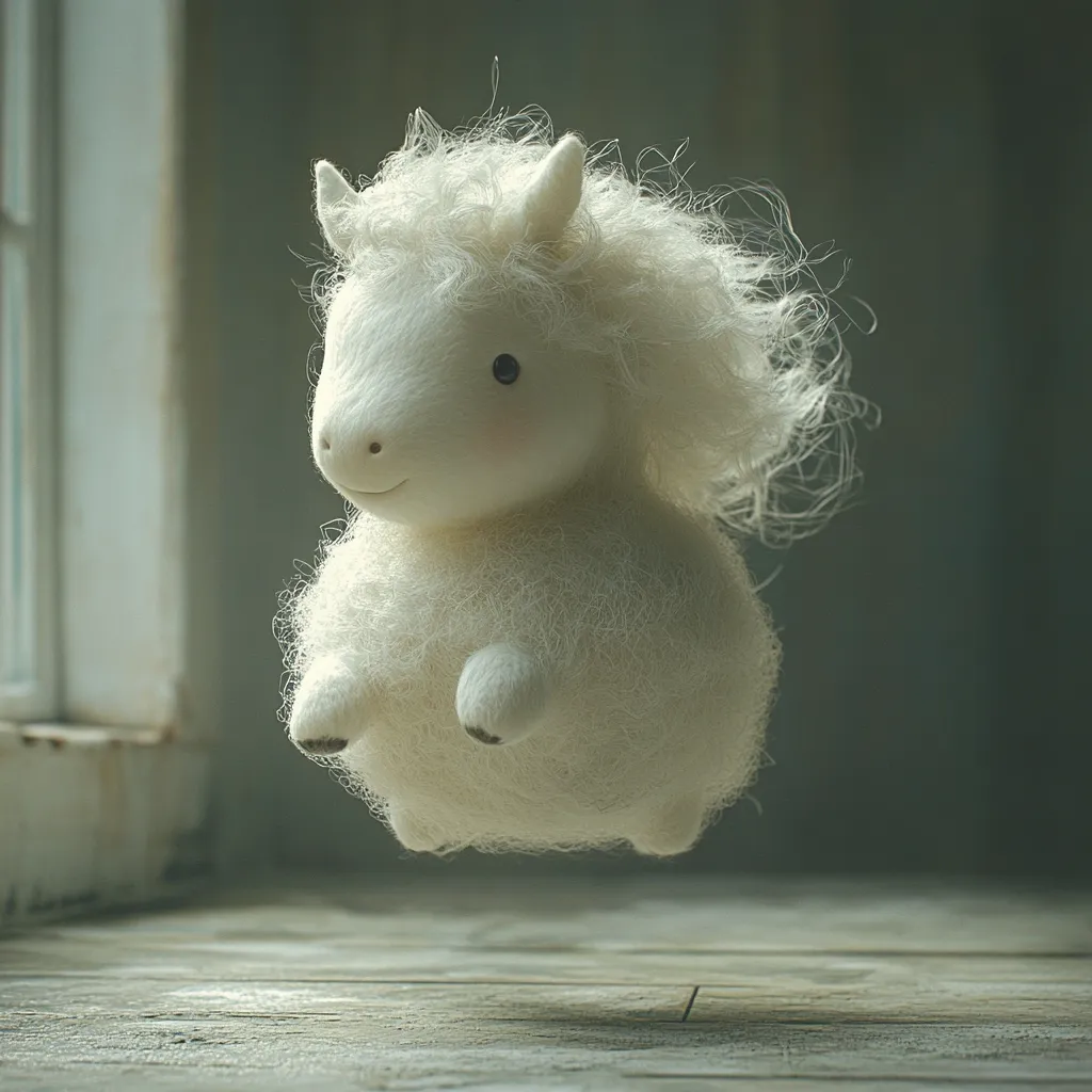 A fluffy, white, toy creature, reminiscent of a lamb or small horse, appears to float just above a rustic wooden floor. Its long, shaggy fur is highlighted by soft lighting, contrasting with the dimly lit background.  The toy has small, dark eyes and a gentle expression, giving it a whimsical, ethereal quality. The scene evokes a sense of quiet wonder and magic.