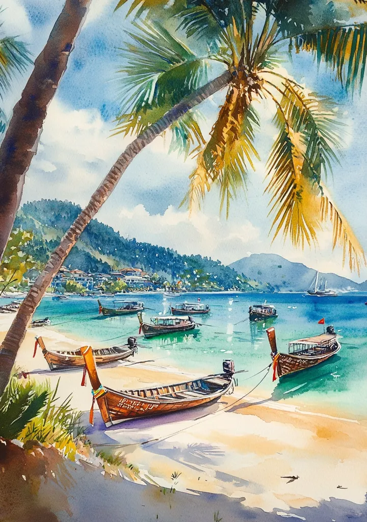 Here's a description of the image:

A vibrant watercolor painting depicts a tranquil tropical beach scene.  Several traditional longtail boats are moored on the pristine, pale sand, their wooden hulls gleaming under the bright sun.  A large palm tree dominates the foreground, its fronds casting shadows on the beach.  In the background, a calm turquoise sea laps gently at the shore, with distant hills and a sailboat adding depth to the composition. The overall style is bright, airy, and evokes a feeling of serenity and escape.
