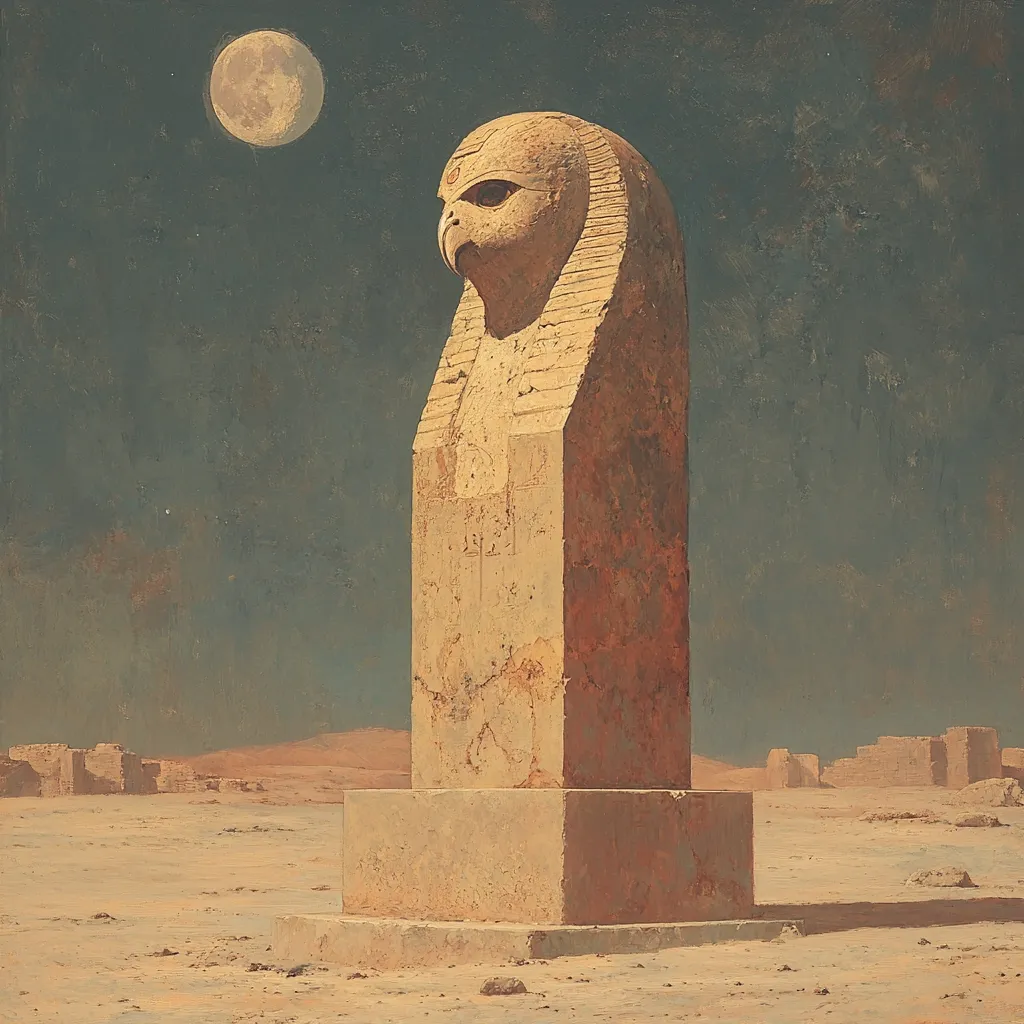 Here's a description of the image:

The artwork depicts a solitary, weathered stone obelisk, reminiscent of ancient Egyptian architecture, standing in a desolate desert landscape under a nocturnal sky. The obelisk features a hawk-headed figure at its apex, characteristic of Egyptian funerary art. A large, bright moon hangs in the dark sky above, casting long shadows on the sandy ground.  The background hints at ruins in the distance, suggesting a lost civilization. The overall style is realistic, with a muted color palette emphasizing the starkness and antiquity of the scene.