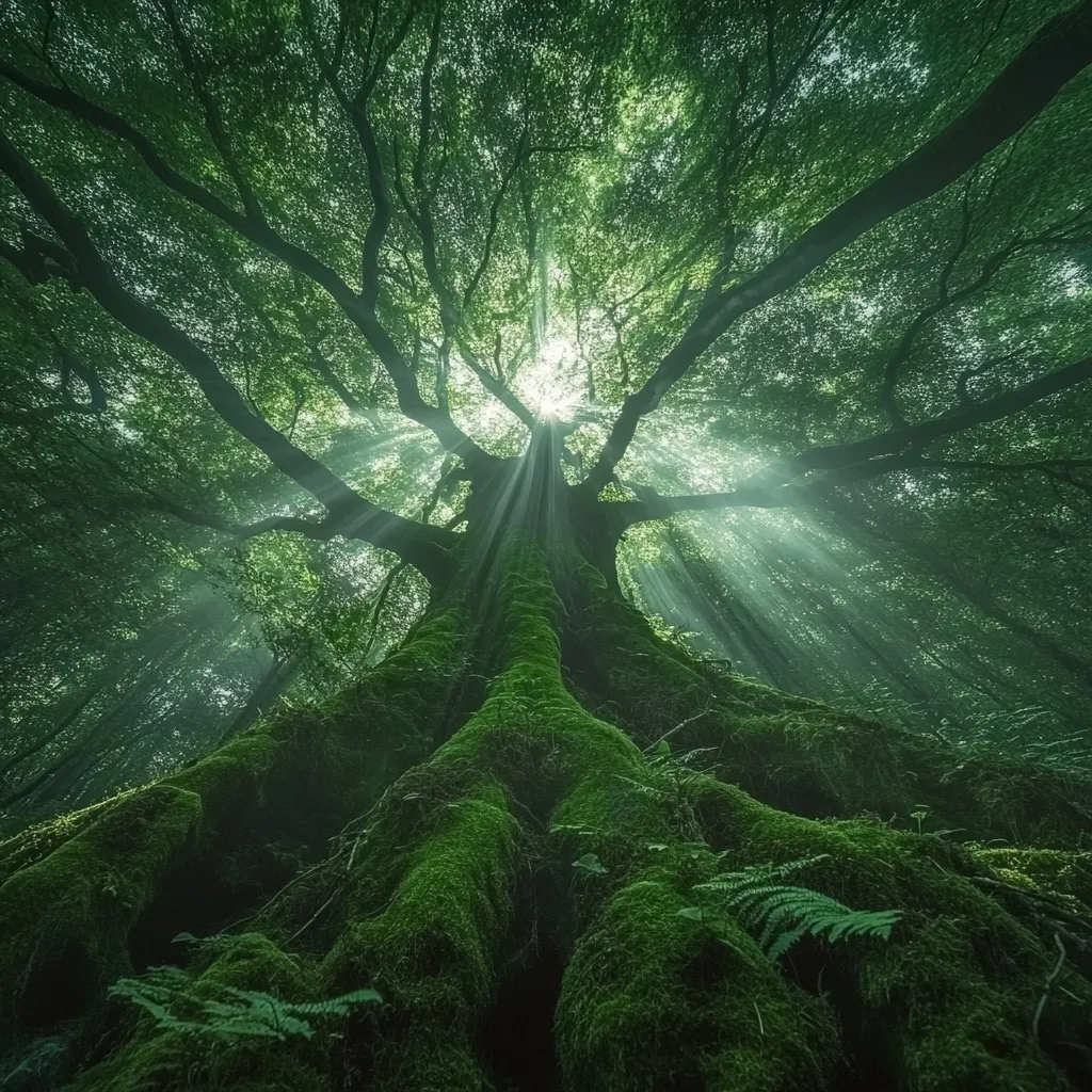 Here is a description of the image:

The image is a low-angle shot of a majestic, ancient tree in a lush forest.  Sunlight streams through the dense canopy, illuminating the massive, moss-covered roots that sprawl across the forest floor. The tree's branches reach upwards, creating a canopy that almost completely obscures the sky, leaving only a bright spot where the sun filters through.  The overall atmosphere is one of mystical serenity and age-old wisdom, emphasizing the raw power and beauty of nature.  The green hues are dominant, creating a deep and immersive feeling.
