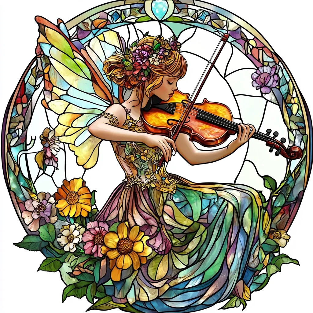 Here's a description of the image:

The image is a stylized depiction of a fairy playing a violin, rendered in a vibrant stained-glass style.  The fairy, with flowing auburn hair adorned with flowers, wears a multicolored, flowing gown.  Her large, iridescent wings are prominent, mirroring the colorful stained-glass pattern.  She sits within a circular stained-glass frame, embellished with various flowers and leaves, creating a cohesive and ornate design. The overall effect is whimsical and enchanting, with rich colors and intricate detail reminiscent of a medieval artwork.