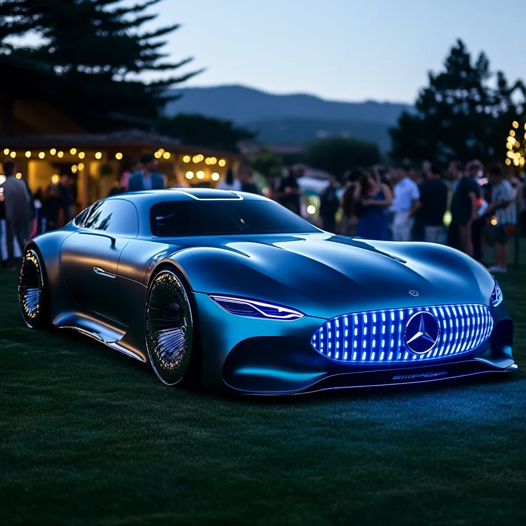 Here's a description of the image:

A sleek, dark blue Mercedes-Benz Vision Gran Turismo concept car is the focal point, sharply in focus against a softly blurred background.  The car, parked on a manicured lawn, is illuminated, highlighting its futuristic design and glowing blue front grille.  The background features a twilight scene of people mingling near a building with warm lighting, and a backdrop of rolling hills and trees, creating a sense of an upscale outdoor event. The overall mood is sophisticated and luxurious.