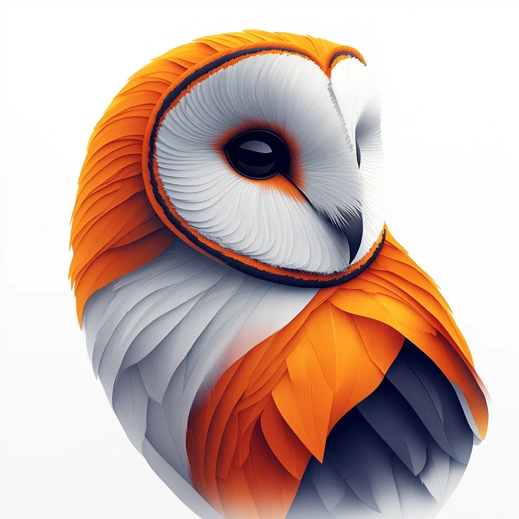 Here's a description of the image:

The image is a stylized illustration of a barn owl. Its face is predominantly white with intricate, layered detailing suggesting feathers, framed by a vibrant orange collar.  The owl's body continues this pattern, with soft orange feathers blending into darker, almost navy, shades at the bottom. The overall effect is a sleek, almost abstract representation of the bird, emphasizing texture and color over photorealism. The background is pure white, drawing all attention to the owl.