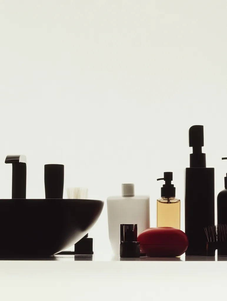 Here's a description of the image:

The image shows a minimalist bathroom setting, bathed in soft, diffused light. A sleek, dark-colored basin sits in the foreground, accompanied by a variety of toiletries. These include various bottles and dispensers in black, white, and amber, suggesting lotions, shampoos, or soaps. A dark-colored cup and a red soap dish are also present.  The overall aesthetic is modern and clean, with a focus on simple shapes and subdued colors. A toothbrush and hairbrush are subtly included. The background is a bright, unblemished white wall.
