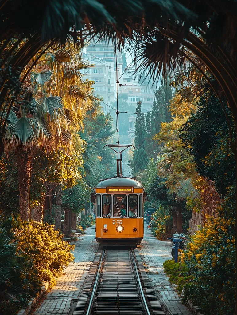 A vibrant yellow vintage tram travels down a tree-lined track, creating a picturesque scene.  The tram, carrying passengers, is framed by lush green palm trees arching overhead, forming a natural tunnel.  Buildings are visible in the background, adding depth to the image.  The overall atmosphere is serene and idyllic, showcasing a charming blend of urban and natural elements. The sunlight filters through the leaves, casting a warm glow on the scene.