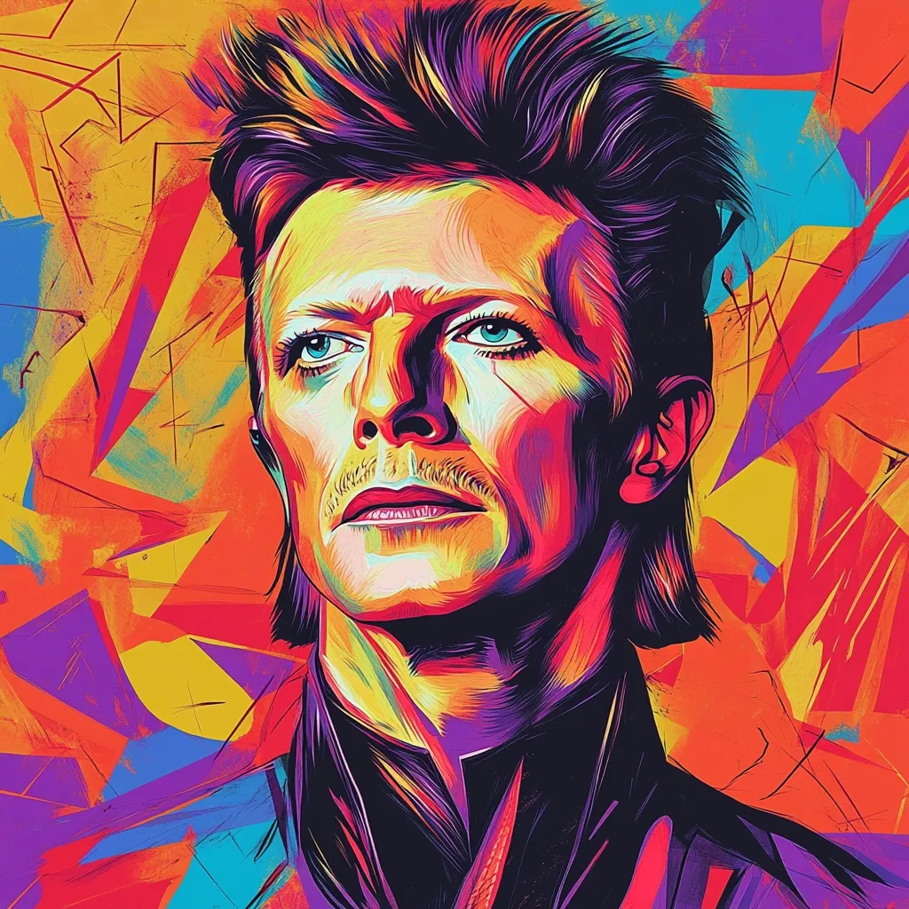 This vibrant, stylized portrait depicts David Bowie. His iconic hairstyle is rendered in bold strokes of purple and orange, contrasting with his intense gaze.  The artist uses a bold color palette, with bright yellows, oranges, and purples dominating the background's abstract geometric shapes.  The overall effect is a dynamic and energetic image that captures Bowie's charisma and enduring style. The portrait's sharp lines and exaggerated features create a powerful visual impact.