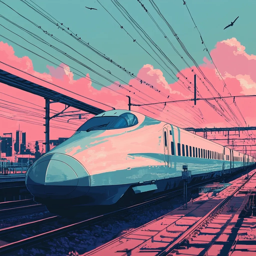 A stylized illustration depicts a sleek, white bullet train traversing a railway under a vibrant, pastel sky.  The sky is a blend of pink and teal, punctuated by fluffy clouds and a few birds in flight.  A cityscape is visible in the distance, while the train itself is rendered with a painterly, almost anime-like aesthetic. The overall mood is serene and slightly dreamy, with a focus on the contrast between the modern technology of the train and the romantic atmosphere of the setting sun.