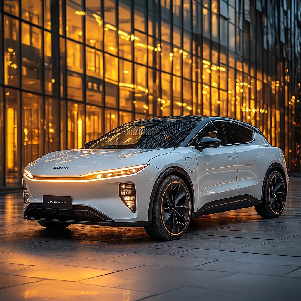A sleek, white BYD electric SUV is showcased in front of a modern glass building with warm, golden interior lighting. The car's headlights illuminate, emphasizing its futuristic design and low profile.  The vehicle is parked on a dark gray paved surface, and its black rims and subtle orange accents add a touch of sophistication. The overall image projects a sense of luxury and technological advancement.