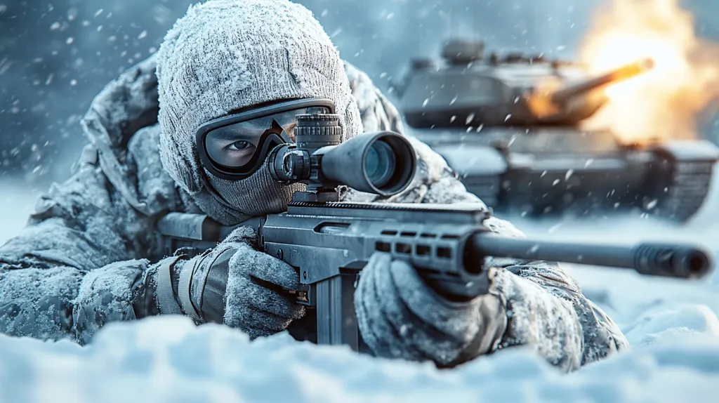 A camouflaged soldier, heavily bundled in snow-covered winter gear, lies prone in the snow.  He aims a high-powered sniper rifle with a scope, his face partially obscured by a balaclava and goggles.  In the blurred background, a tank fires, suggesting a tense, active combat situation in a frigid environment.  The scene is dramatic and emphasizes the harsh conditions and intensity of the conflict.