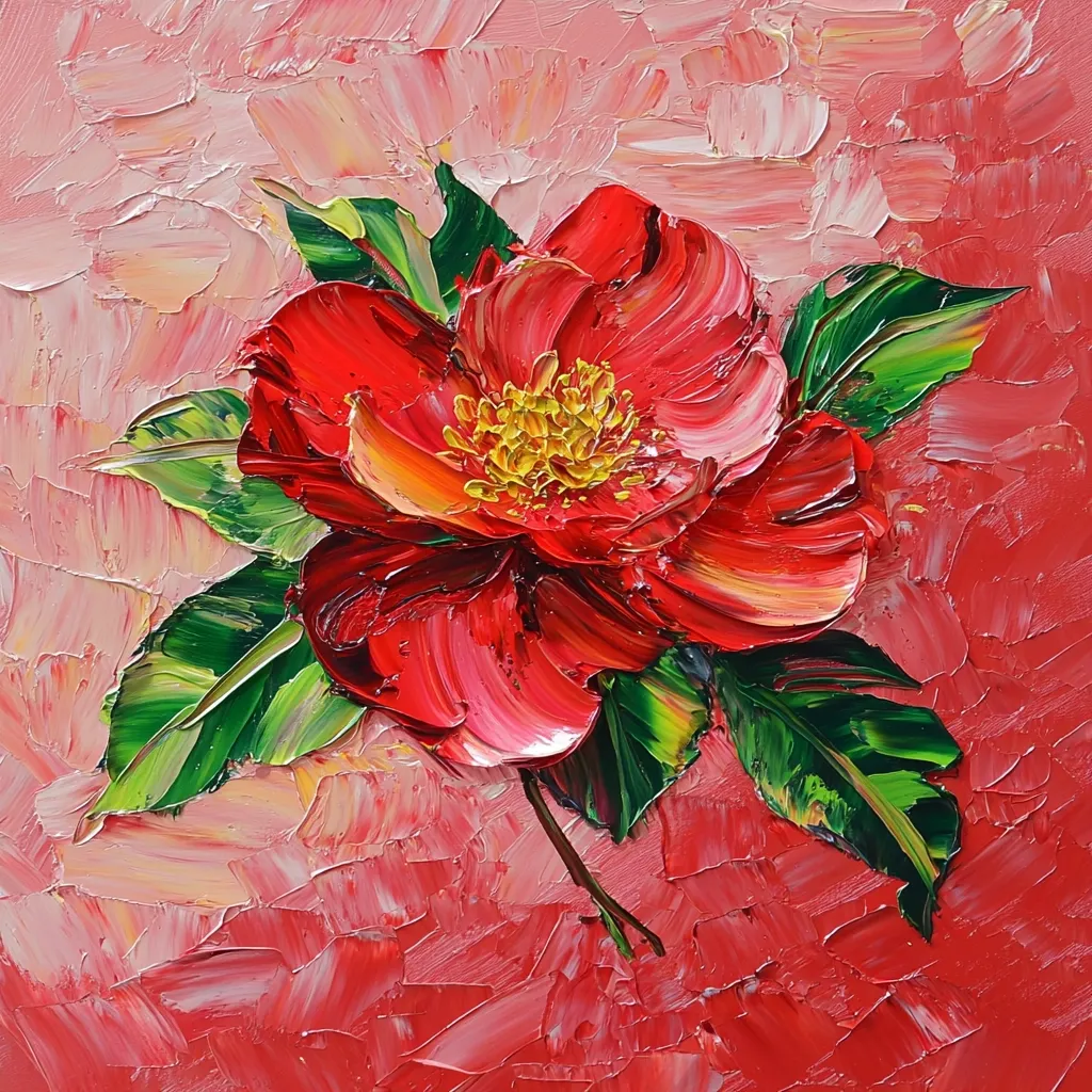 Here's a description of the image:

The painting is a vibrant close-up of a single, richly colored red camellia. The flower's petals are rendered with thick, impasto brushstrokes, giving it a three-dimensional texture.  The center displays a cluster of yellow stamens, contrasting beautifully against the red. Lush green leaves, also painted with visible brushstrokes, surround the bloom. The background is a textured wash of pinkish-red, complementing the flower's hues and enhancing its prominence. The overall style suggests an impasto technique, emphasizing the artist's visible brushwork.