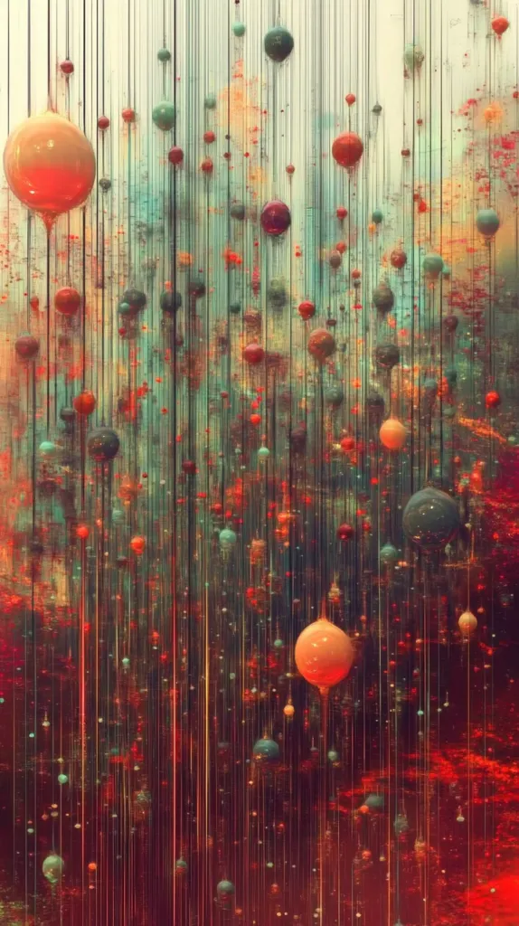 The image is an abstract artwork featuring numerous small, colorful spheres suspended from thin, vertical lines against a textured background.  The spheres vary in size and hue, predominantly in oranges, reds, and greens, creating a sense of depth and movement. The background is a blend of warm, earthy tones with subtle streaks and washes, resembling a textured canvas or a painted landscape. The overall effect is visually rich and somewhat dreamlike, suggestive of an ethereal or otherworldly scene.