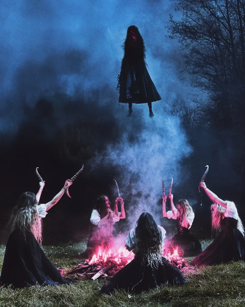 Here's a description of the image:

The image depicts a scene of dark fantasy or occult ritual.  Four women in dark robes, each holding a curved horn aloft, circle a fiery bonfire under a smoky, twilight sky.  Above them, a shadowy, cloaked figure floats, seeming to oversee the ritual. The overall atmosphere is eerie, mysterious, and suggestive of witchcraft or pagan practices. The color palette is predominantly dark blues and purples, contrasted with the warm glow of the fire. The scene evokes a sense of foreboding and magical power.