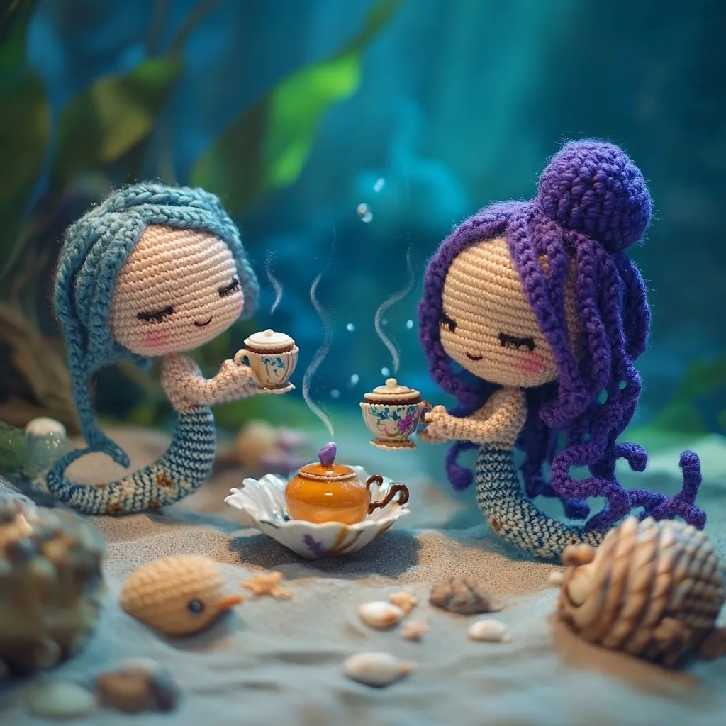 Two adorable crocheted mermaid dolls, one with blue and the other with purple hair, enjoy a whimsical tea party on a sandy seabed.  They hold tiny teacups, and a small teapot sits on a delicate saucer between them.  Seashells and other marine elements surround them, creating a magical underwater scene. The mermaids' expressions are sweet and peaceful, enhancing the overall charm of the image.