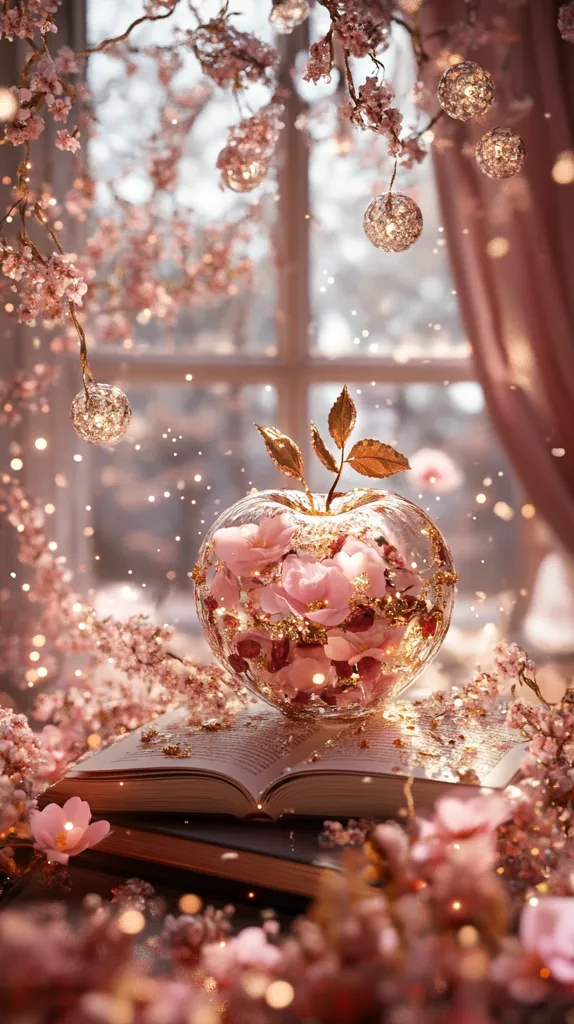 A glass apple filled with delicate pink flowers and gold accents rests on an open book.  Surrounding it is a dreamy scene of soft pink blossoms and shimmering lights, creating a magical, fairytale-like atmosphere. The backdrop features a window with sheer curtains, further enhancing the ethereal quality of the image.  The overall feeling is one of romance, whimsy, and delicate beauty.