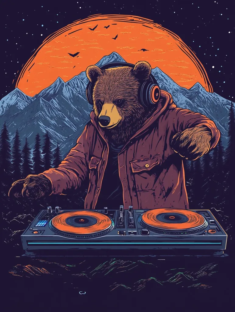 Here's a description of the image:

The illustration depicts a brown bear, wearing headphones and a maroon jacket, skillfully mixing music on a DJ turntable.  The bear's pose suggests concentration and expertise. The backdrop is a dramatic mountain range silhouetted against a large, vibrant orange moon and a starlit sky.  The overall style is a blend of vintage illustration and modern graphic design, creating a striking and surreal image that juxtaposes nature with music culture.  The color palette is rich and dark, with pops of orange from the moon and turntables.