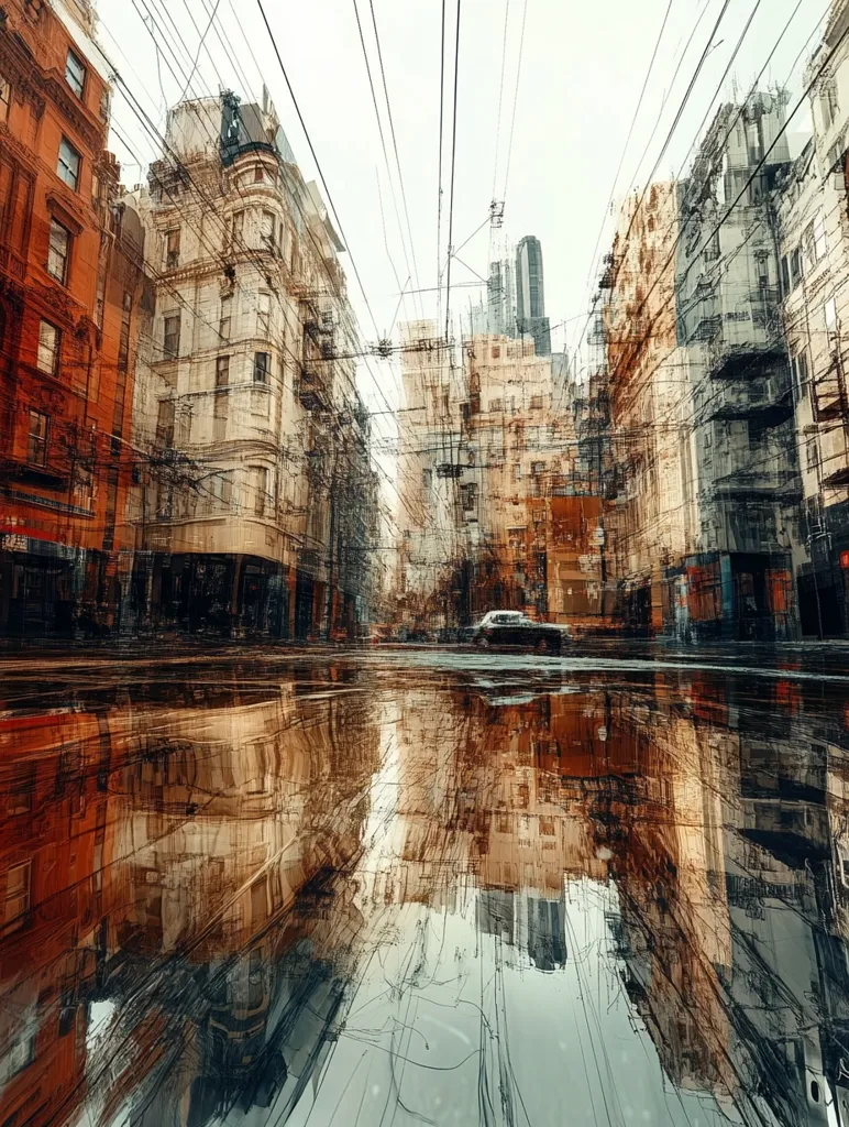 Here's a description of the image:

The image is a stylized depiction of a city street, possibly in a European style, reflecting in a large puddle. The buildings are rendered with a painterly, almost impressionistic technique, with visible brushstrokes and a blend of earthy tones.  Overlapping lines, suggestive of power lines or tram wires, crisscross the scene, adding depth and a sense of urban complexity. The reflection in the puddle mirrors the architecture and the overhead wires, creating a symmetrical yet distorted effect. A dark-colored car is faintly visible in the center of the street. The overall mood is one of urban density and a slightly melancholic beauty, heightened by the water-logged street.