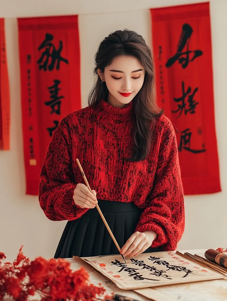 A young woman with dark hair styled neatly, wears a vibrant red knit sweater and a black pleated skirt.  She is meticulously using a long-handled brush to paint Chinese calligraphy onto a scroll, situated on a table adorned with red floral accents.  Two large red banners with black Chinese characters are in the background, suggesting a festive or culturally significant setting. The image exudes a sense of calm concentration and traditional artistry.